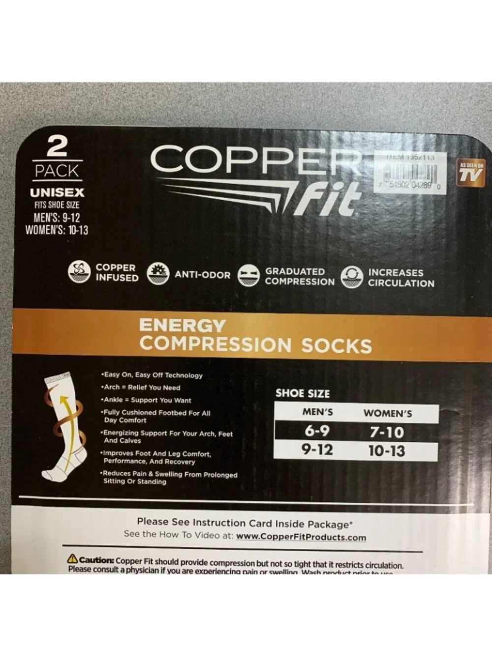 NWT Copper Fit Men's 9-12 Womens 10 Energy Compression Socks 2 Pack Black